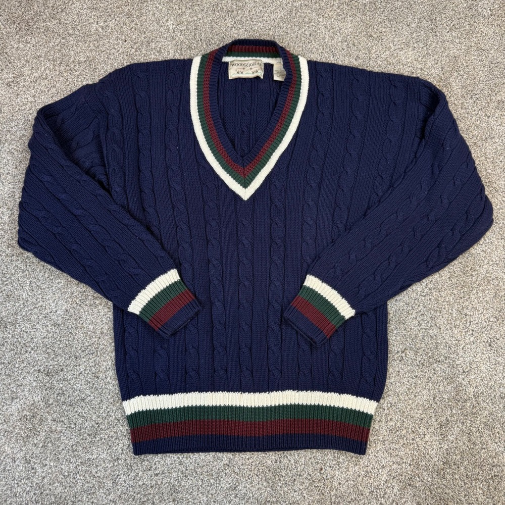 Vintage Y2K Woods & Gray Mens Large Navy Cotton Cable Knit V-Neck Sweater